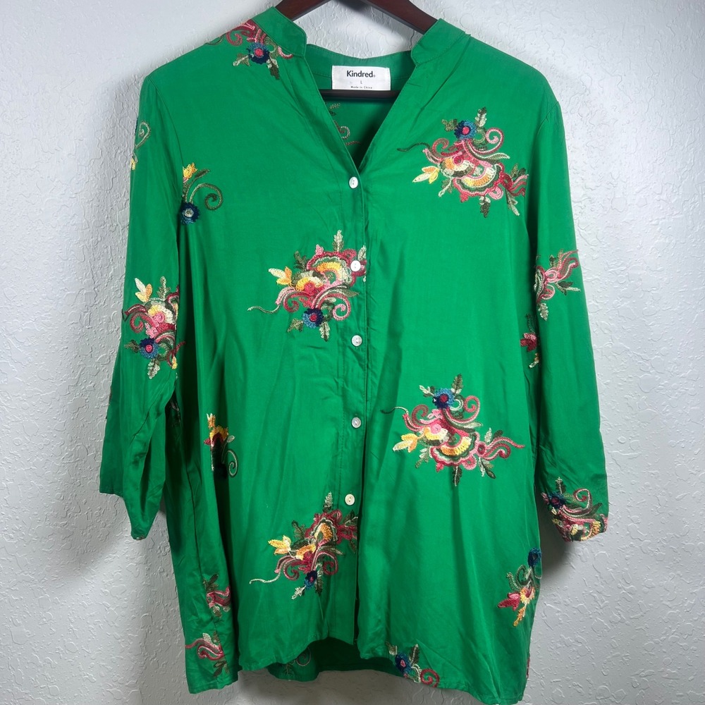 Kindred Button Down Top Boho Women Embroidered Floral Rayon L Green Cottagecore